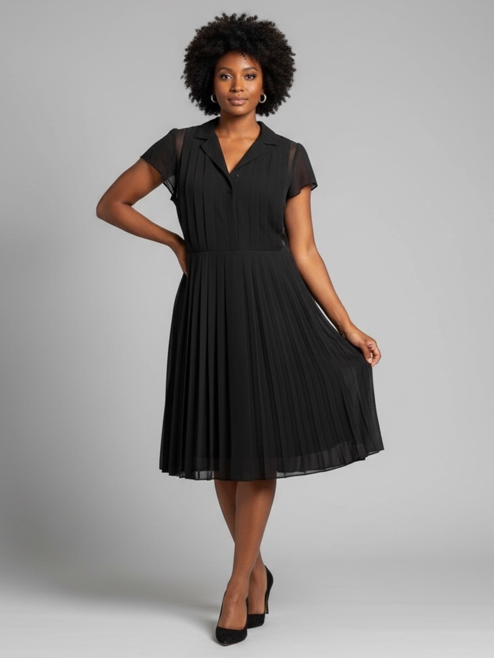 Talbots Black Pleated V-Neck Chiffon Dress